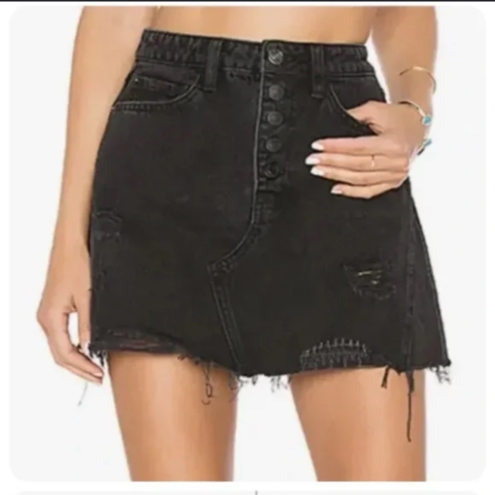 Free People Black Denim Cut Out Distressed Button Fly Mini Skirt